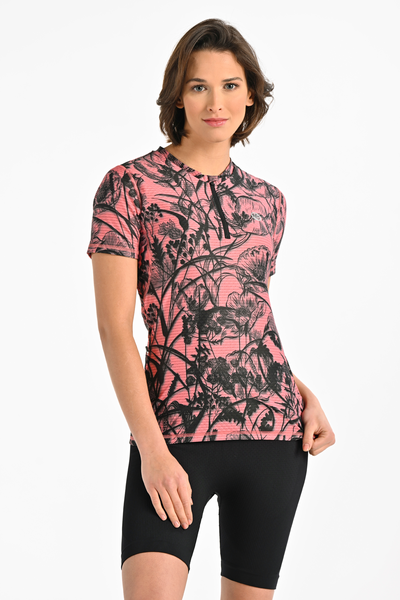 Women's Zip sports T-shirt Ornamo Flower Coral